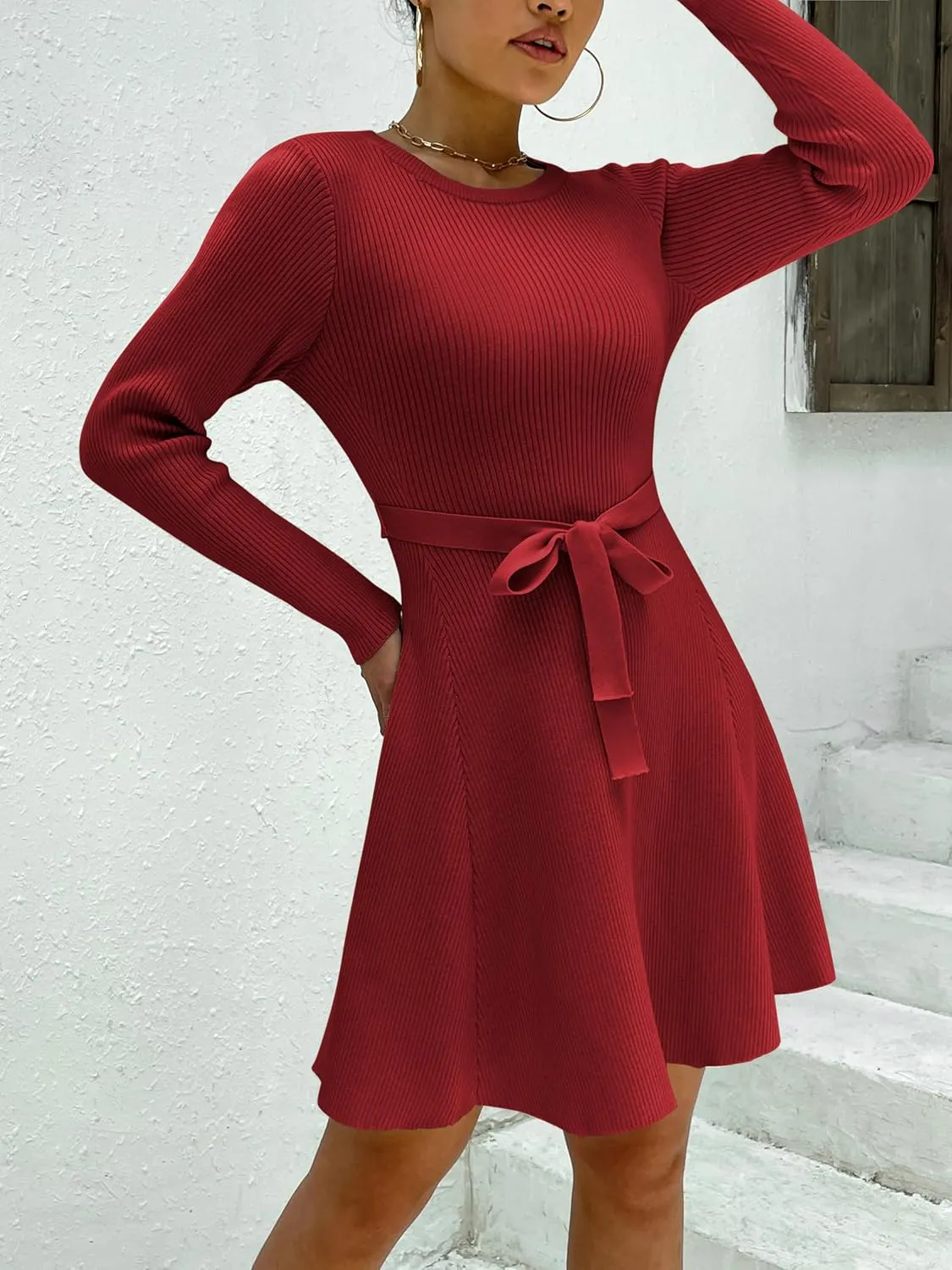 Zeagoo Women's 2024 Casual Dress Crewneck Tie Waist Fall Ribbed Dress with Belt Long Sleeve A Line Flowy Sweater Dress