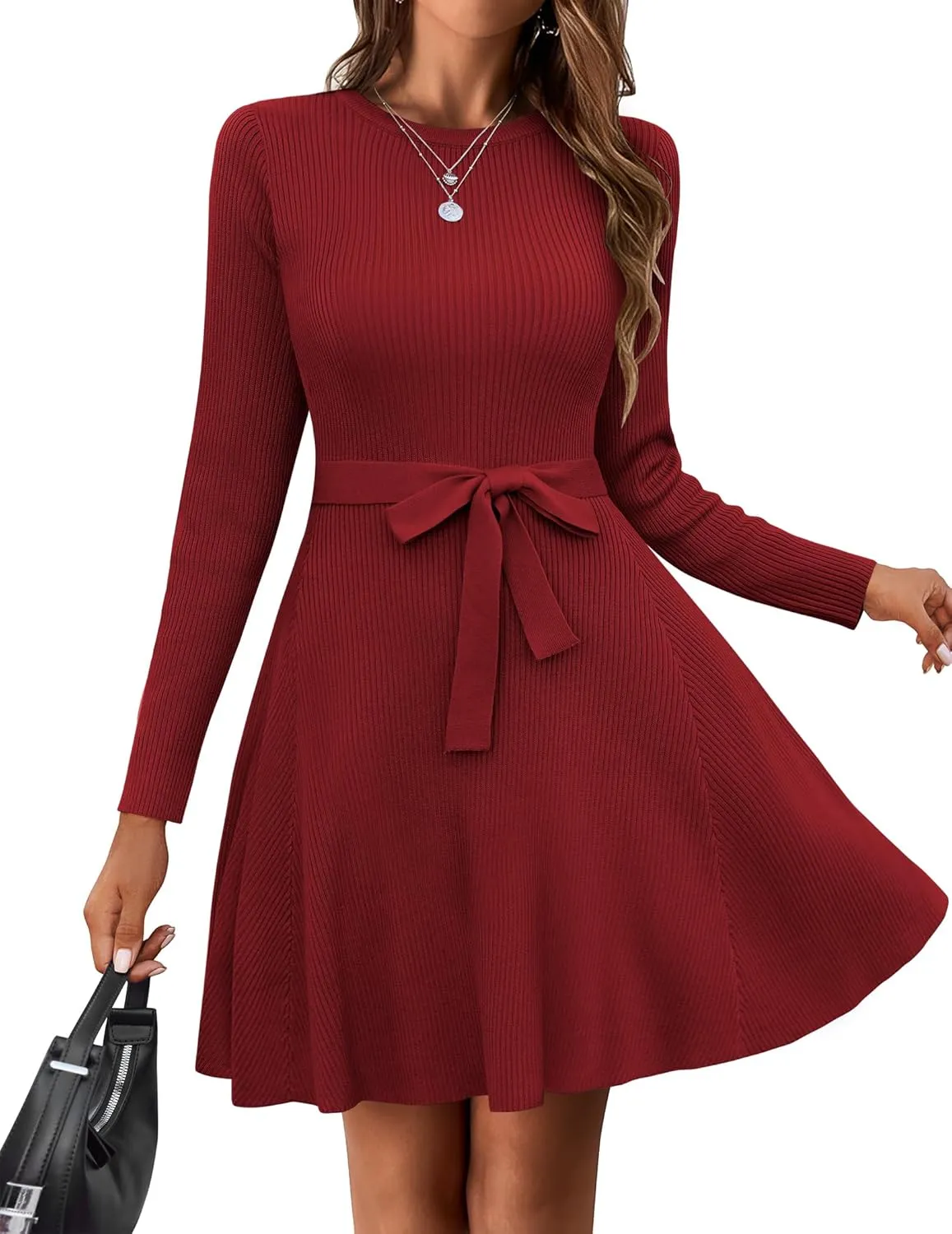 Zeagoo Women's 2024 Casual Dress Crewneck Tie Waist Fall Ribbed Dress with Belt Long Sleeve A Line Flowy Sweater Dress