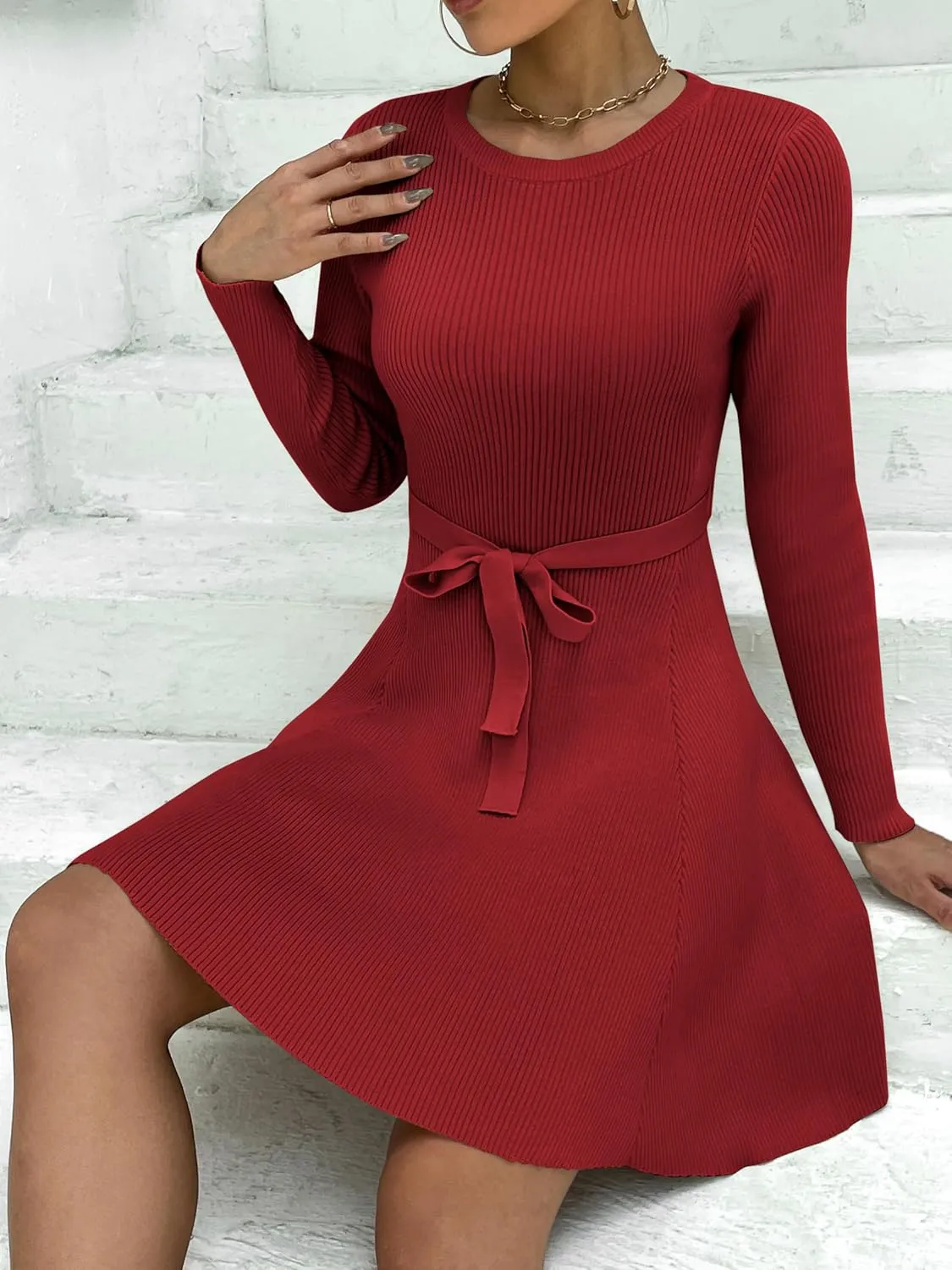 Zeagoo Women's 2024 Casual Dress Crewneck Tie Waist Fall Ribbed Dress with Belt Long Sleeve A Line Flowy Sweater Dress