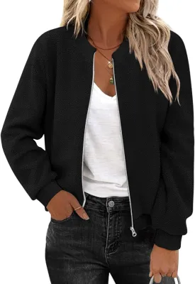 Zeagoo Women's Sherpa Fleece Jacket Long Sleeve Faux Fuzzy Casual Zip Up Bomber Coat With Pocket S-XXL
