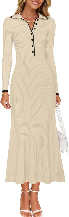 ZESICA Women's Long Sleeve Sweater Dress 2025 Spring V Neck Ribbed Knit Casual Formal Cocktail Bodycon Maxi Dresses
