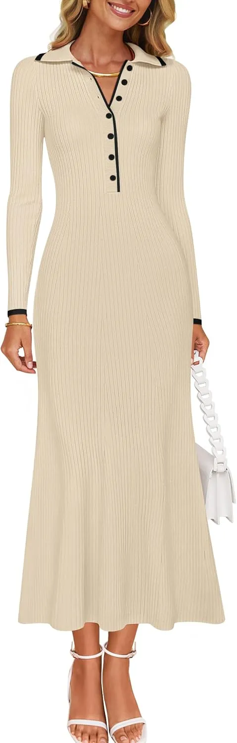ZESICA Women's Long Sleeve Sweater Dress 2025 Spring V Neck Ribbed Knit Casual Formal Cocktail Bodycon Maxi Dresses