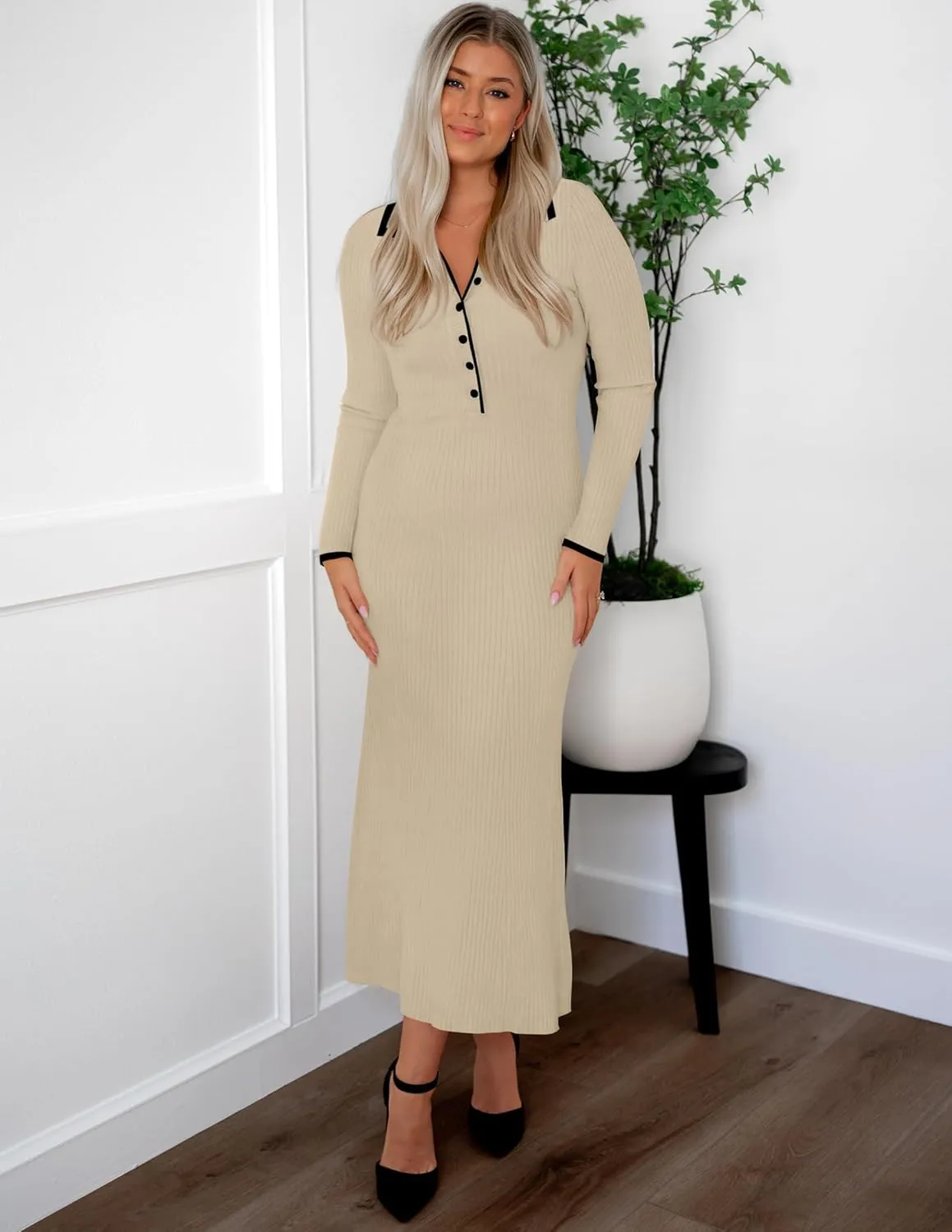 ZESICA Women's Long Sleeve Sweater Dress 2025 Spring V Neck Ribbed Knit Casual Formal Cocktail Bodycon Maxi Dresses