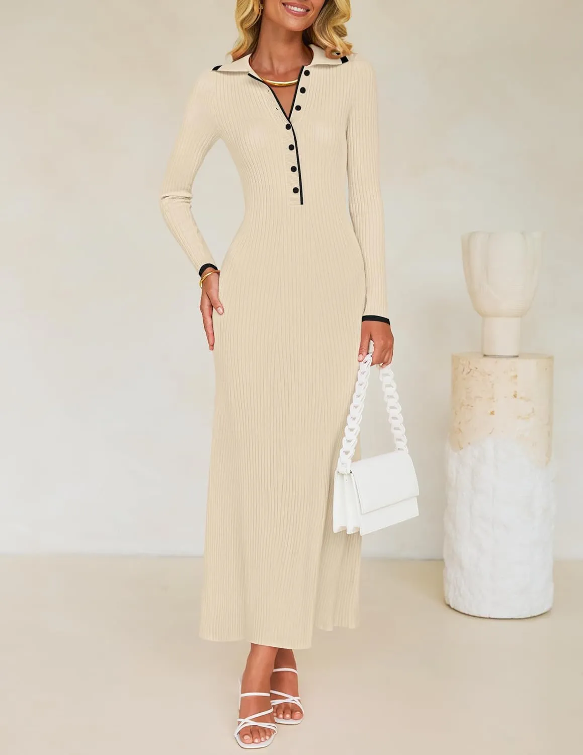 ZESICA Women's Long Sleeve Sweater Dress 2025 Spring V Neck Ribbed Knit Casual Formal Cocktail Bodycon Maxi Dresses