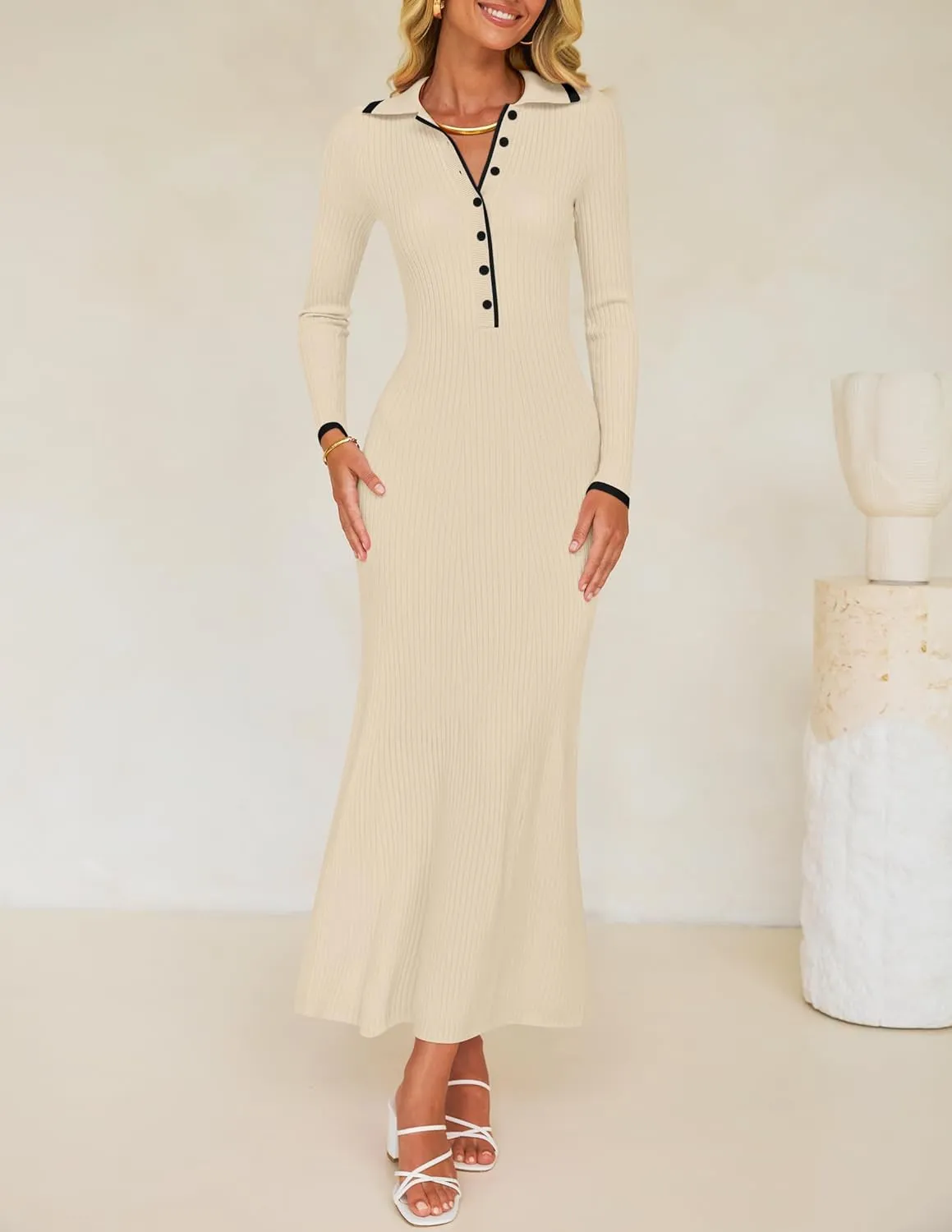 ZESICA Women's Long Sleeve Sweater Dress 2025 Spring V Neck Ribbed Knit Casual Formal Cocktail Bodycon Maxi Dresses