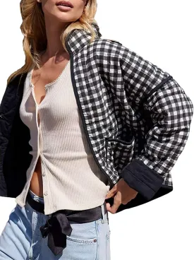 Zontroldy Women's Vintage Plaid Floral Print Cropped Puffer Quilted Jacket Lightweight Diamond Padded Coats