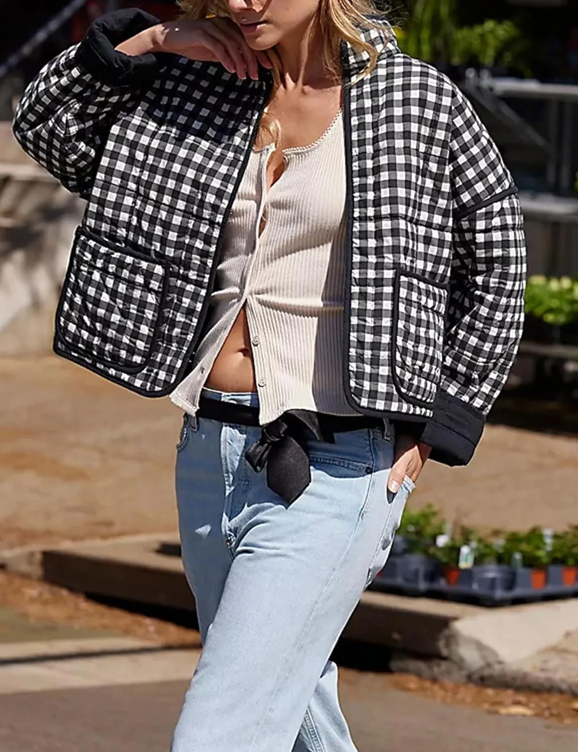Zontroldy Women's Vintage Plaid Floral Print Cropped Puffer Quilted Jacket Lightweight Diamond Padded Coats